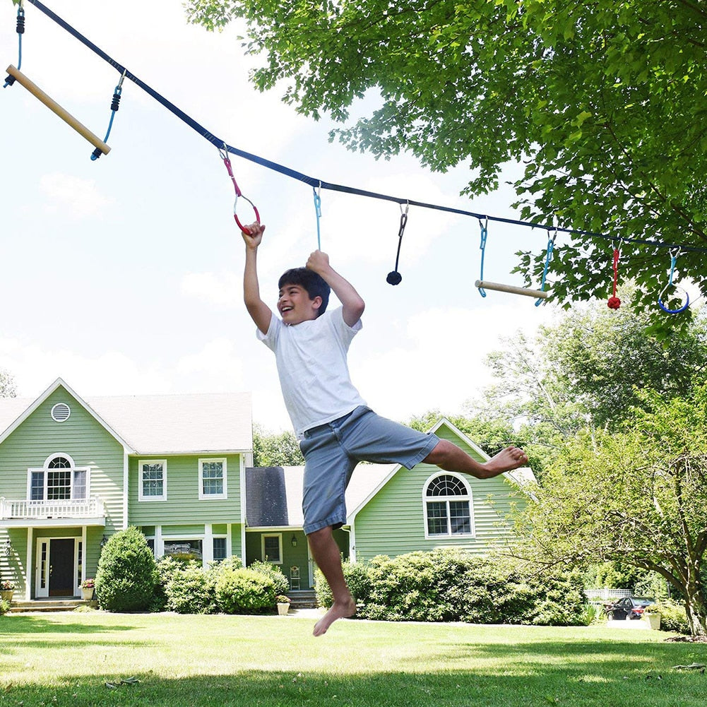 Children Climbing Rope Ninja Line Obstacle Training